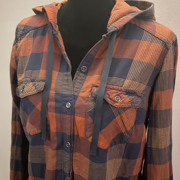 Columbia Times Two Hooded Shirt, size M, navy and rust plaid - Picture 2 of 8